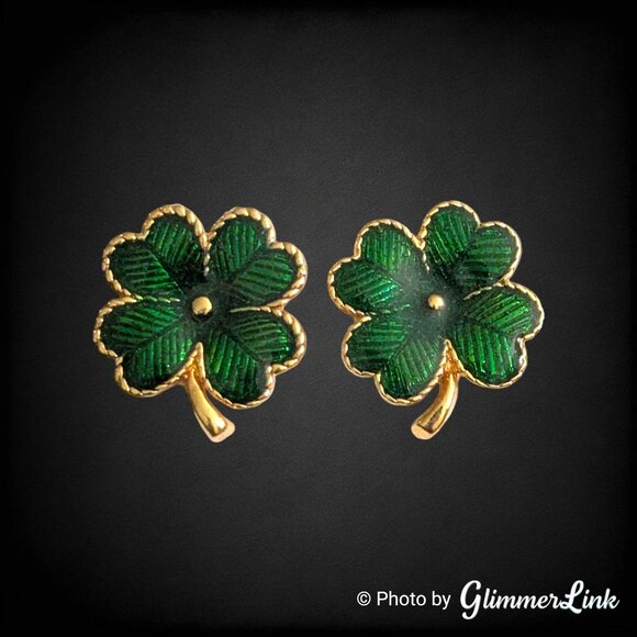 Vintage Avon Lucky Clover Earrings – Green Enamel Four Leaf Shamrock, 1990s - Picture 3 of 6